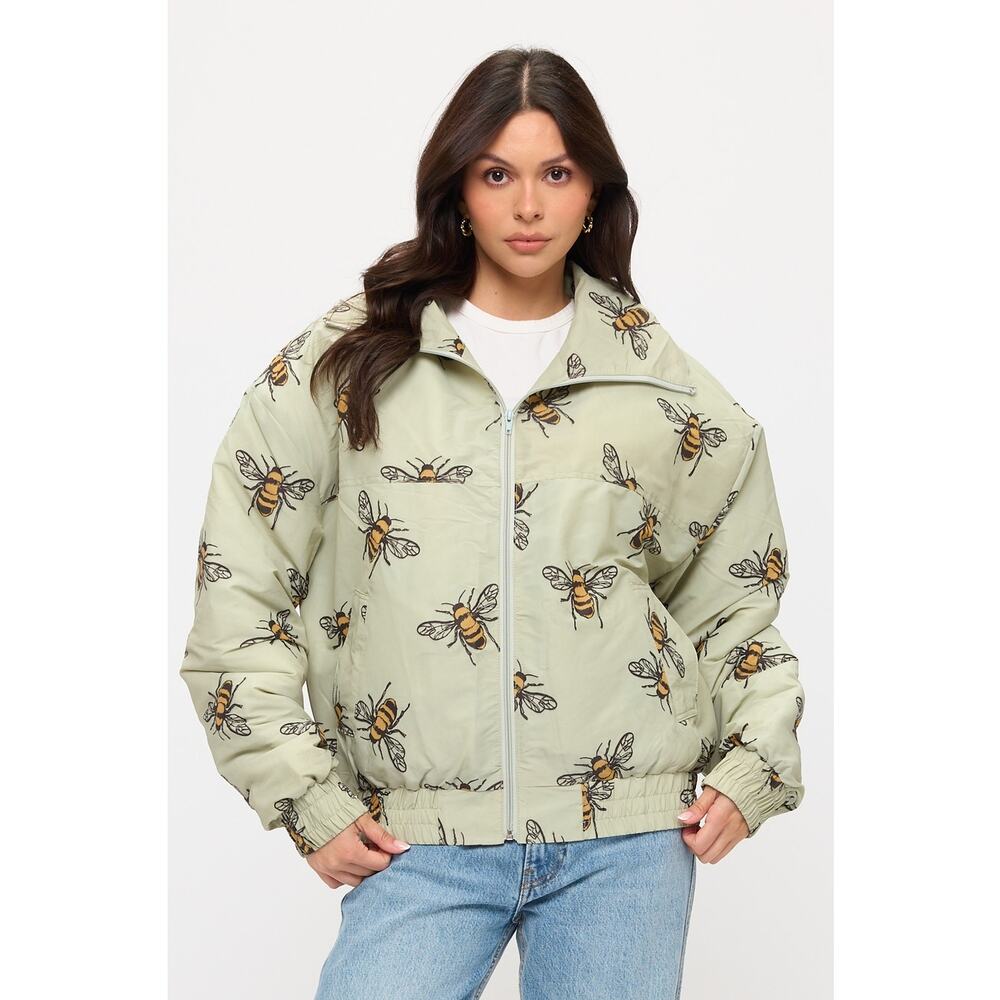 SM Wardrobe Size S/M Light Green Bumble Bee Print Bomber Jacket